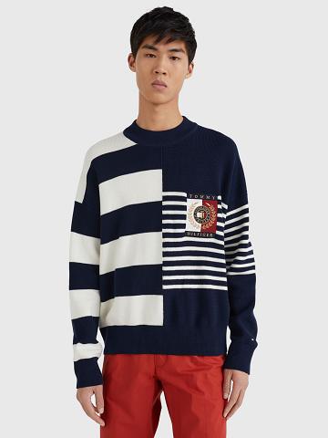 Férfi Tommy Hilfiger Icon mix stripe crewneck Pulóverek Kék Fehér | HU 952VRW